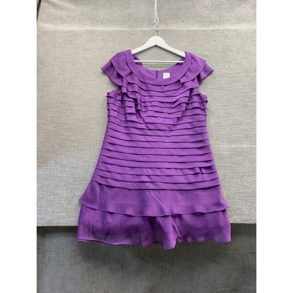 Nightway Tiered Ruffle Mini Dress Womens 14W Purple Back Zip Party Cocktail